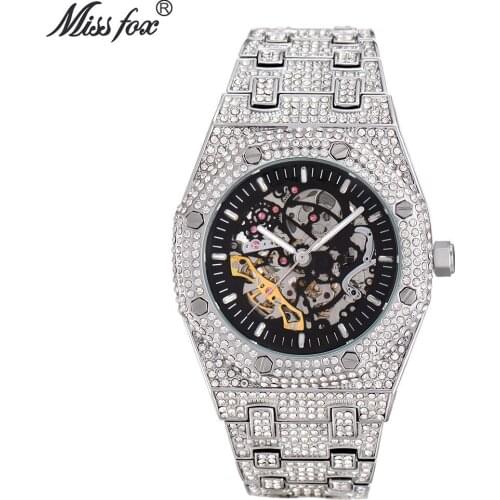 Luxury Mens Watches Modern Full Diamond Hollow Mechanical Automatic Watch Waterproof Luminous Stainless Steel Watch Men