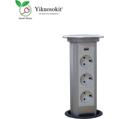 High Quaulity EU Socket USB Port Motorized Lifting Silver Tabletop Smart Hidden Power Socket Electrical Pop Up Outlets CE Rohs