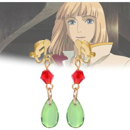 Cartoon Howls Moving Castle Howl ear clip Earrings Green Crystal Fashion Jewelry Party Gift For Women Kids Cosplay Accessories