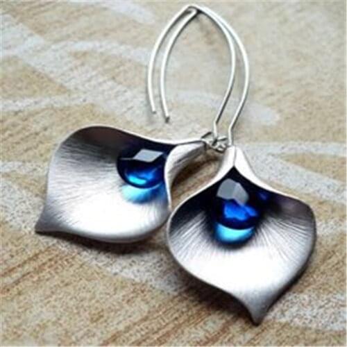 Classic Calla Lily Flower Long Earrings for Women Elegant Cubic Zircon Blue Teardrop Hook Dangle Earrings Jewelry