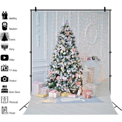 Laeacco Chic Wall Living Room Bulb Light Merry Christmas Festival Tree Gift Floor Party Portrait Photo Background Photo Backdrop