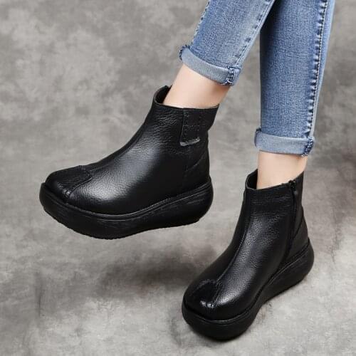 SWONCO Original Leather Women Boots Plush Fur Warm Snow Boots Platform Casual Shoes Winter 2019 Black Shoes Ankle Boot For Women