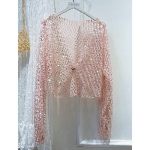 European Summer New Sexy Bright Diamond Crystal Mesh Bling Temperament Light Luxury Full Diamond Coats Women Tops Fashion 2021