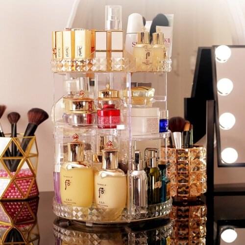 Rotate Makeup Organizer Storage Box 360 Degree Cosmetics Transparent Storage Rack Crystal Display Stand Assembly Large Capacity