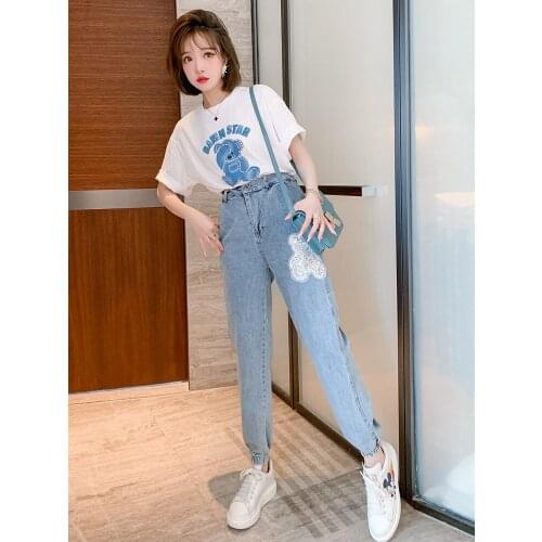 Top Quality Letter bear nail beads T Compassionate+New summer jeans set