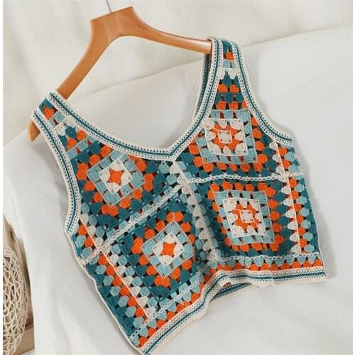 Summer Retro Vintage Tank Top Boho Beach Holiday Crochet Vest Women Sleeveless Hollow Out Knitted T Shirt Female