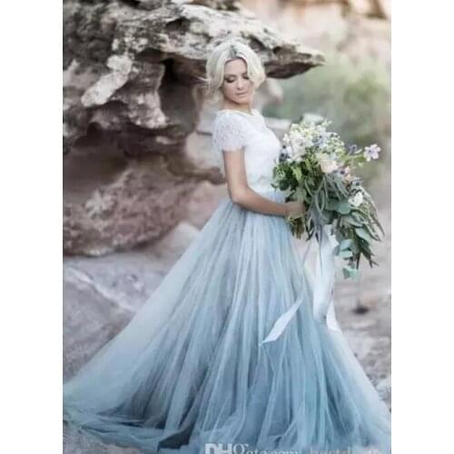 2018 Fairy Beach Boho Lace Soft Tulle short Sleeves Light Blue Skirts Bohemian Wedding Bridal Gown