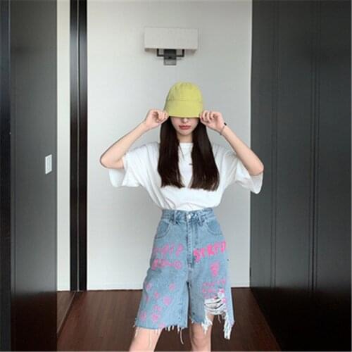 2021 summer new color letter printing high waist denim shorts female plus size Korean loose and thin fashion wide-leg pants