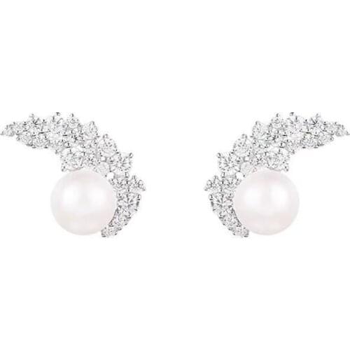 SLJELY Brand Design 925 Sterling Silver Floral Stud Earrings with Pearl Micro Pave Cubic Zirconia Stone for Women Luxury Jewelry