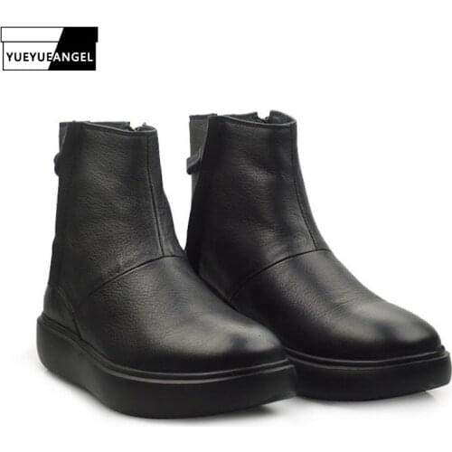 British Winter Platform Boots Men Side Zip Round Toe Vintage Harajuku Genuine Leather Boots Punk High Top Shoes Men Black 38-44