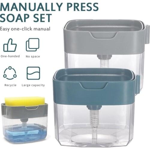 2-in-1 Manual Press Liquid Soap Dispenser With Washing Sponge Soap Dispenser Soap Pump Sponge Caddy Bathroom Kitchen Cocina
