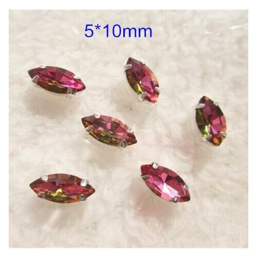 40 pcs Fancy Fuchsia Loose Crystal Sew on Beads,5*10mm Navette Sparkling Glass Bead in Silver Setting,DIY Wedding item