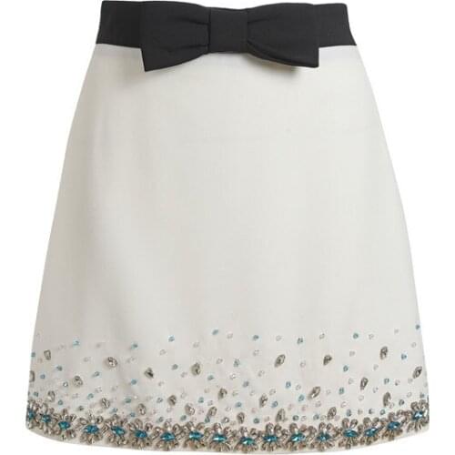 Diamonds Hem Women High Waist Fashion Skirt Bow White A-Line Mini Skirt Elegant Party Clothes 2021 Luxury Brand New