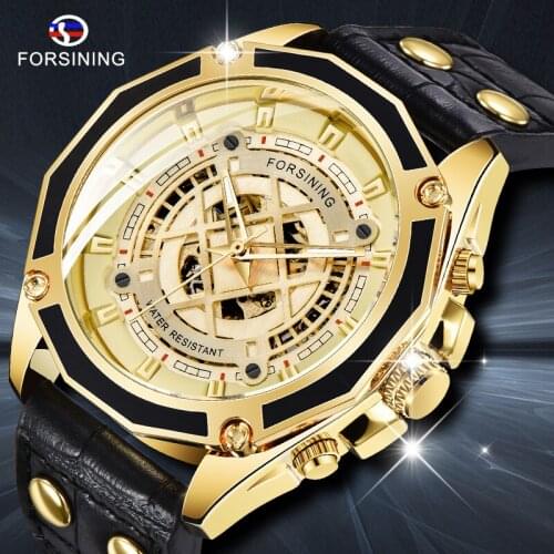 FORSINING Watch Men Gold 3D Dial Auto Mechanical Waterproof Watches Leather Band Top Brand Luxury Skeleton Wristwatch Relogio