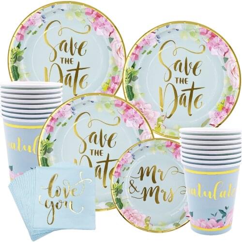 Flower Wedding Party Decor Supplies Paper Tableware Decoration Bronzing Paper Plate Cup Napink Banner Straw Spoon Knife Fork Kit