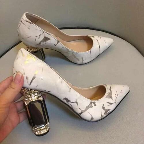 Designer Square Rhinestone Heels Pink Pumps Slip-on Pointed Toe High Heel Metallic Formal Women Evening Party Dress Shoes