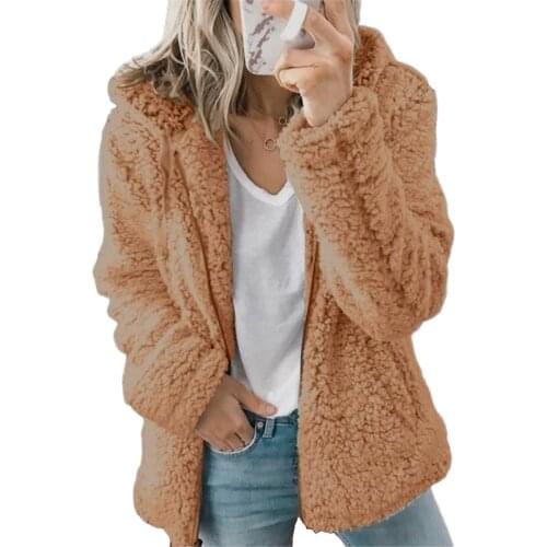 2021 Women Autumn Winter Jacket Female Coat Causal Soft Hooded Fleece Plush Warm Plus Size Faux Fur Fluffy Zipper Top Sudadera