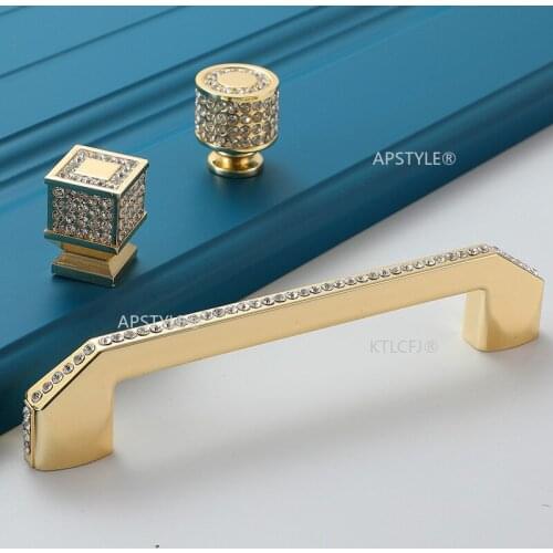 European Fashion Zinc Alloy Cupboard Cabinet Hardware Kitchen Drawer Knob Furniture Closet Pull Diamond Gold Handle
