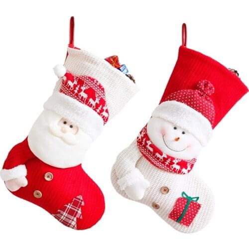 Red and White Knitted Christmas Stockings Candy Bag Xmas Elf Santa Snowman Doll