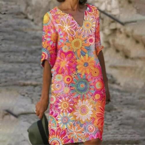 Summer Dress Chrysanthemum Print Loose Women Short Sleeve V Neck Dress for Party