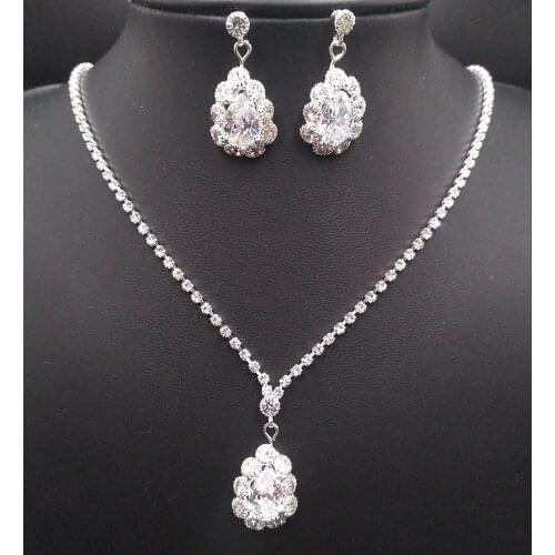Cute Female Water Drop Crystal Jewelry Set Charm Silver Color Wedding Dangle Earrings For Women Boho White Flower Chain Necklace