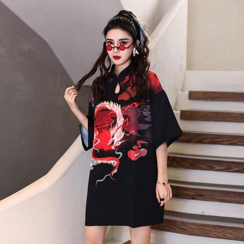 Young Chinese Style Women Summer National Trend Retro Improved Cheongsam Fashion Girl Retro Loose Printing Qipao Dress