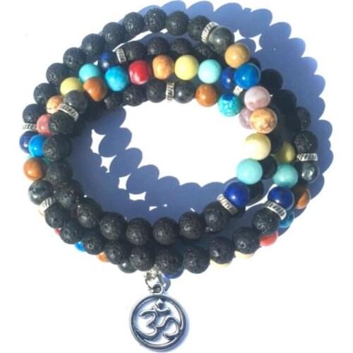 Natural Lava Stone Lotus OM Buddha Wrists 7-Chakra Meditation Bracelet 108 Buddhist Prayer Beads Mala Yoga Necklace Bracelet Men