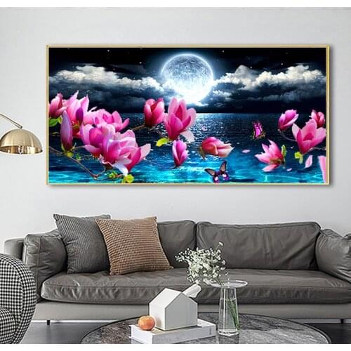 New AB Diamond Embroidery Landscape Orchid Moon Hot 5d Diy Diamond Painting Flower Mosaic Picture Rhinestone Home Decoration