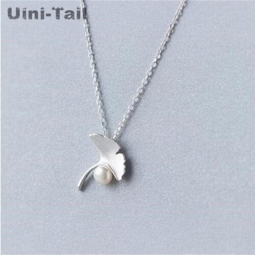 Uini-Tail new 925 pure silver apricot leaf pearl necklace Korean elegant female clavicle chain simple fashion wild tide jewelry