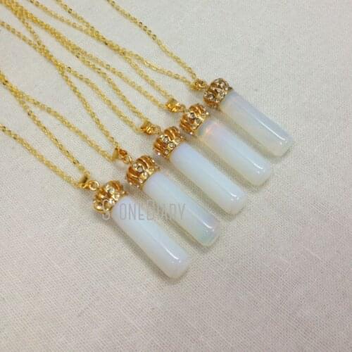H-QN95 Crystal Crown Necklace Healing Crystal Opal Cylinder Point Pendant Charm Necklace