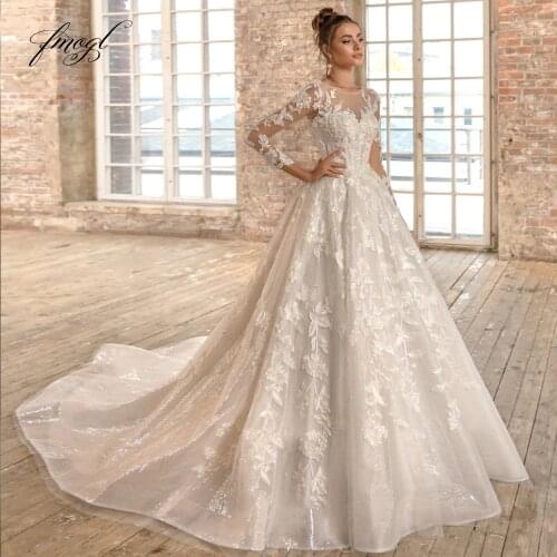 Fmogl Luxury Long Sleeve Lace A Line Wedding Dresses 2021 Luxury Scoop Neck Appliques Beaded Court Train Vintage Bridal Gowns