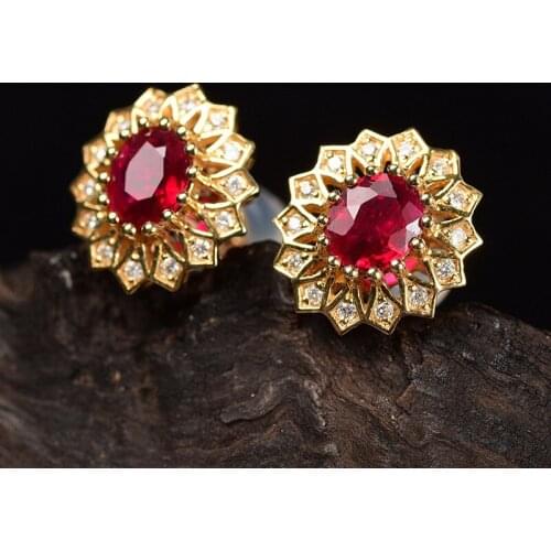 Luxury Gold Plated Sunflower Stud Earrings Charming Red Gems Zircon Ring Crystal Earrings for Bridal Wedding Jewelry Set
