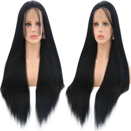 Synthetic Lace Front Wig Black Straight Heat Resistant Fiber Hair Natural Hairline Free Parting With Baby Hair For Women Wigs