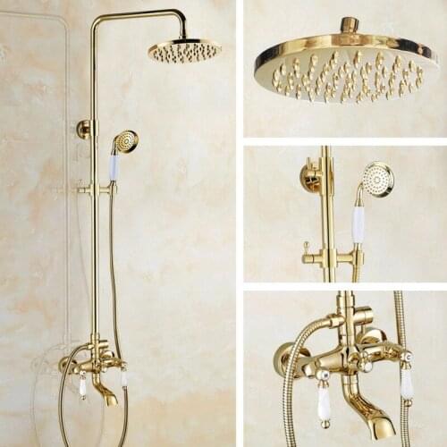 Shower Faucets Gold Brass Bathroom Shower Mixer Tap Faucet Set Rain Shower Head Round Wall Mounted Bathtub Faucet agf372