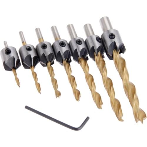 7Pcs HSS Chamfer 5 Flutes Countersink Drill Bits 1/4 Hex Shank Woodworking Tool 3/4/5/6/7/8/10mm Titanize Wood Carpentry Chamfer