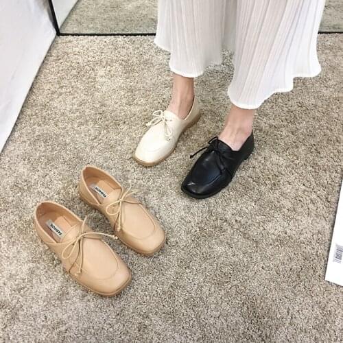 Womens Shoes Leather Shoes 2021 Spring New Lace Up Square Toe Single Shoes Fashion Retro Low-Top Loafers