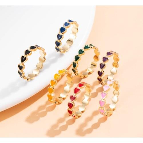 KINFOLK Vintage Bohemia Pink Enamel Love Heart Ring Cute Simple Metal Finger Rings for Women Girls Punk Rock Jewelry 2021