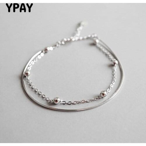 YPAY Double Layer Beads Ankle Bracelet Silver 925 Fine Jewelry for Women Trendy Snake & Link Chain Anklets Drop Shipping YMA003