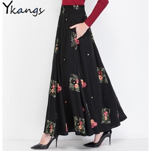 Vintage Autumn new Cotton Linen Plus Size Mom Black Long Skirt Women Elastic High Waist embroidered Skirts Female pocket clothes