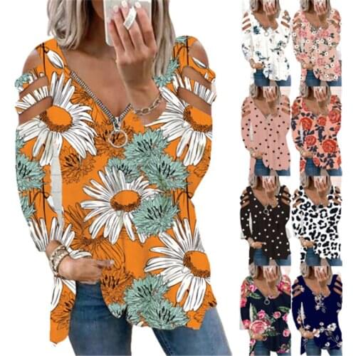 Elegant Floral Print Cut Out T-shirt Women Sexy Low Cut Zipper V-Neck Long Sleeve Pullover Tops For 2021 New Autumn Tshirt Tees