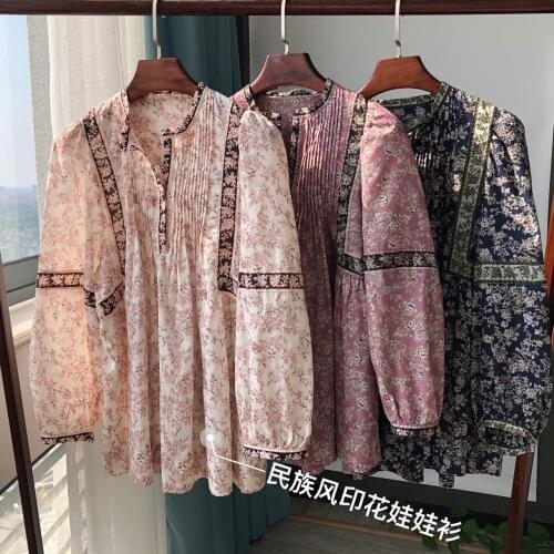 Women Shirt 2020 Ethnic Style Printed Loose Cotton V-neck Shirt