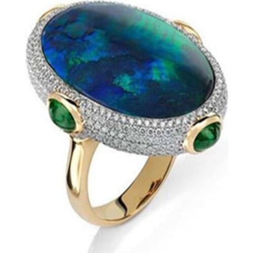 Milangirl Female Geometric Oval Shaped Dark Green Opal Big Rings Vintage Jewelry for Women Wedding Party Jewelry
