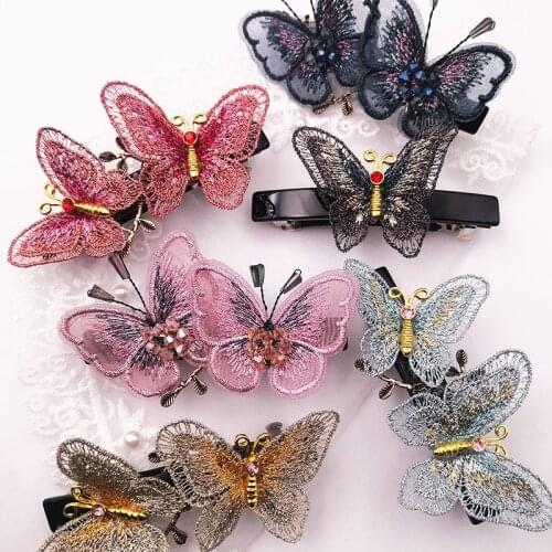 Handmade Beaded Korean Vintage Lace Embroidery Butterfly Gold Leaf hairpin Elegant Girl Clips Spring Clip Women Female Jewelry
