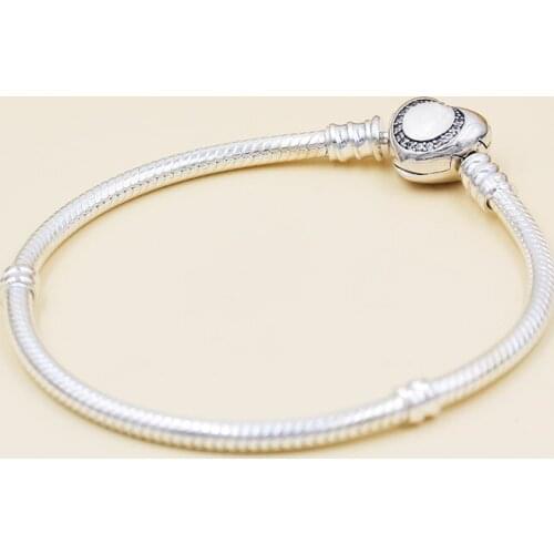 Original 925 Sterling Silver Pan Bracelet Crystal Wishful Heart Snake Chain Bangle Fit Women Bead Charm Diy Jewelry