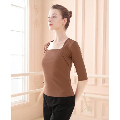 Ballet Top For Women Half Sleeve Square Collar Top Practice Yoga Gymnastic Classical Dance Clothes Adult Elegant Slim Dance Wear