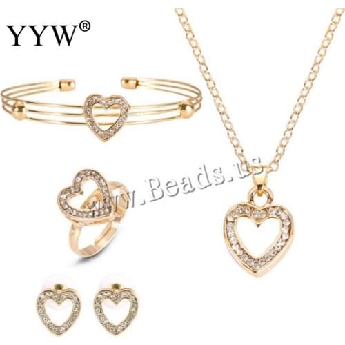 Golden Women Jewelry Set Stud Earrings Bangle Finger Ring Necklace Hollow Heart Pattern Romantic Bridal Wedding Jewelry Suit