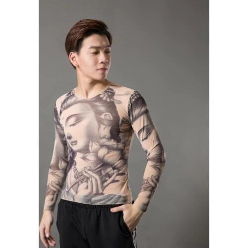 2019 Fashion Mens Fake Tattoo T-shirts Long Sleeve Elastic Modal Thin All Over Print O-Neck Tattoo Shirts Halloween Clothing