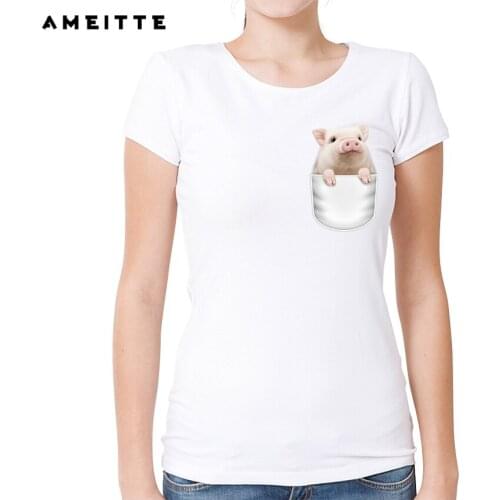 2019 AMEITTE Funny Pig In My Pocket T-Shirt Womens Pocket Design Printed T Shirt Summer Casual Female Short Sleeve Tee Tops