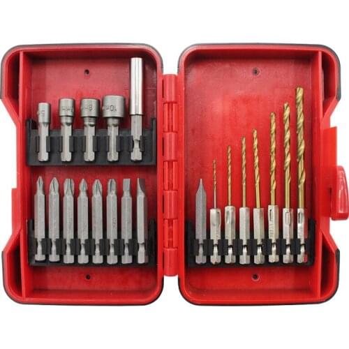 21Pcs/Set Cross Slotted Pozidriv Electric screwdriver head set 5-10mm Sleeve with Connecting rod Hex Shank 1.5-5.0mm Twist drill