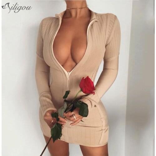 Ailigou New WomenS Apricot Tight-Fitting Stand-Up Collar Front Zipper Long Sleeve Mini Bandage Dress Sexy Party Dress Vestidos